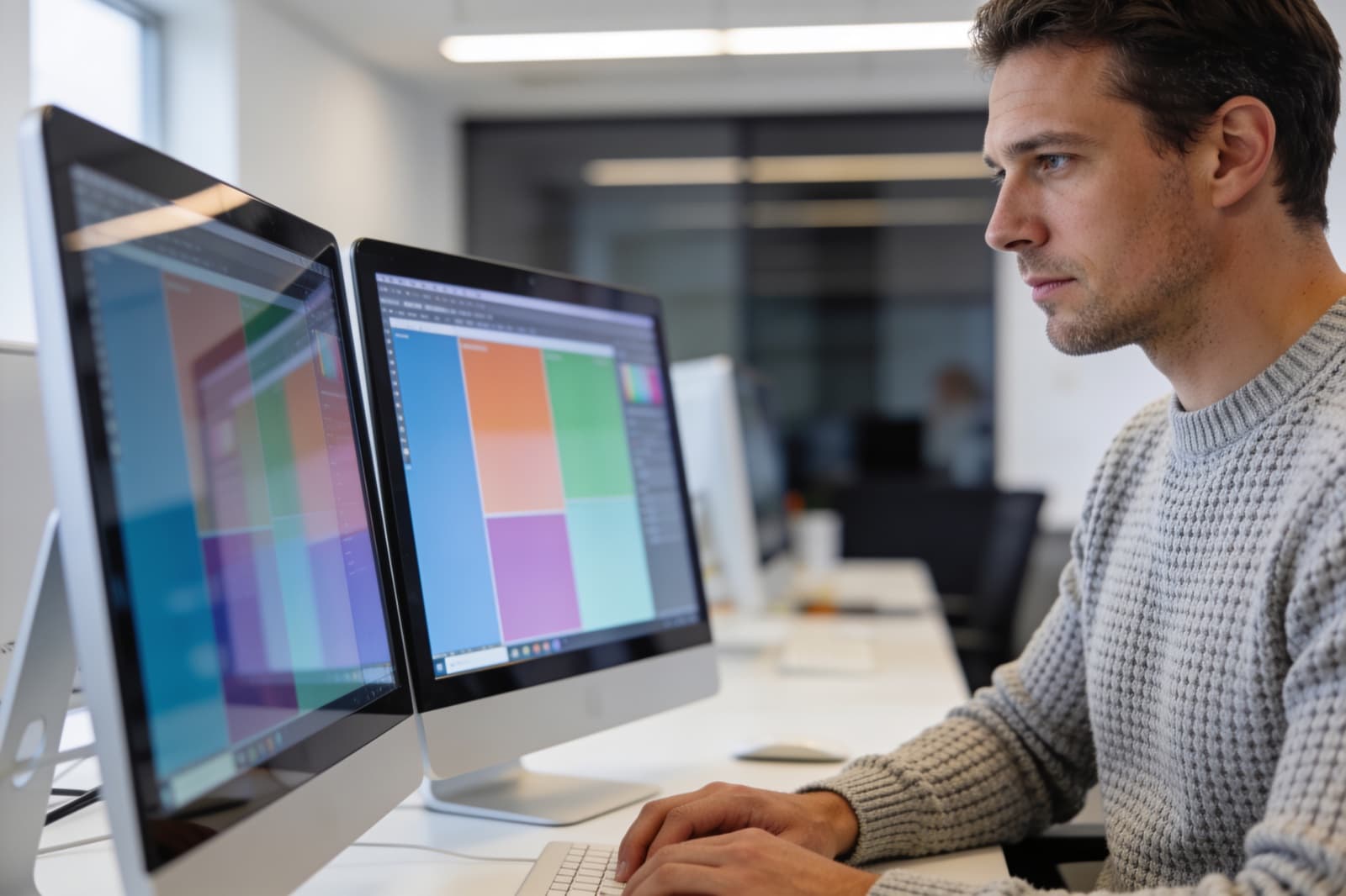 Zwei Bildschirme mit unterschiedlichen Webseiten-Entwürfen auf einem Schreibtisch
