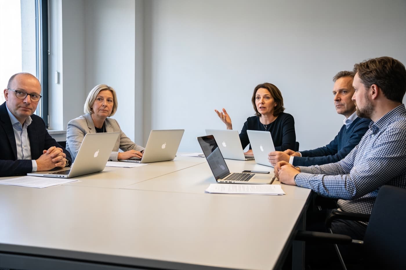 Fünf Personen sitzen mit aufgeklappten Laptops und ausgedruckten Unterlagen um einen Besprechungstisch, eine Frau spricht und gestikuliert dabei