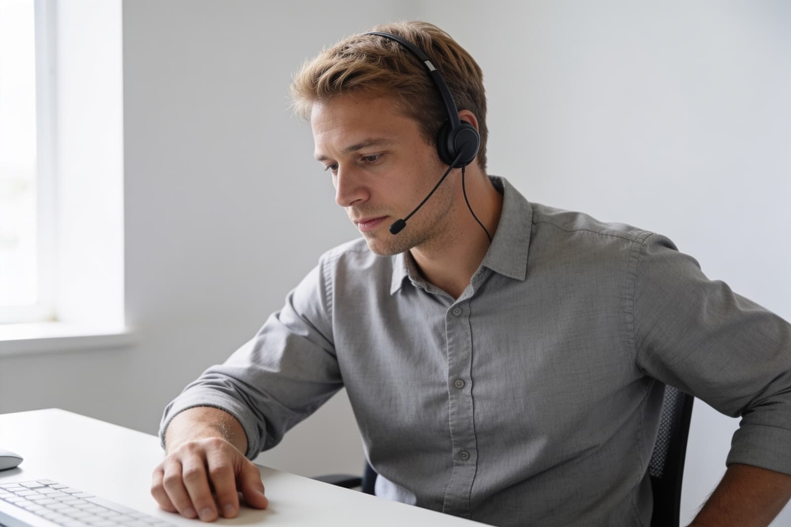 Vertriebsmitarbeiter mit Headset an einem Schreibtisch in einem hellen Büro