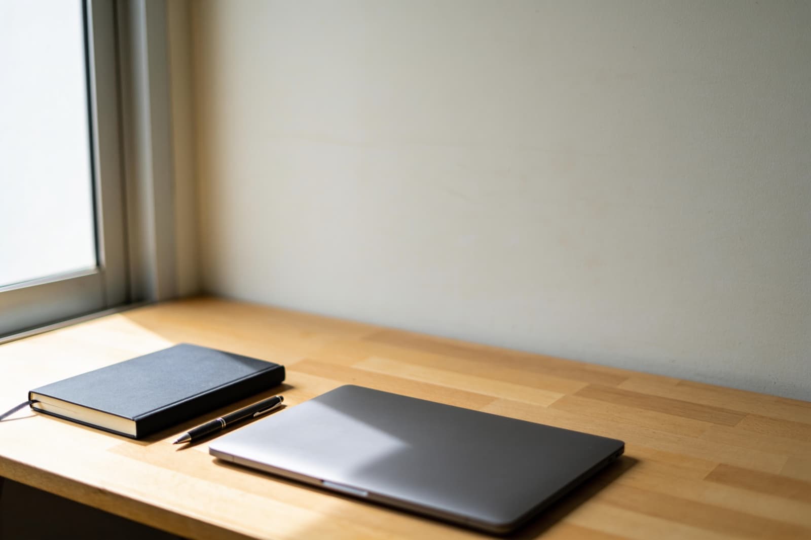 Zugeklappter Laptop, Notizbuch und Stift auf einem Schreibtisch am Fenster