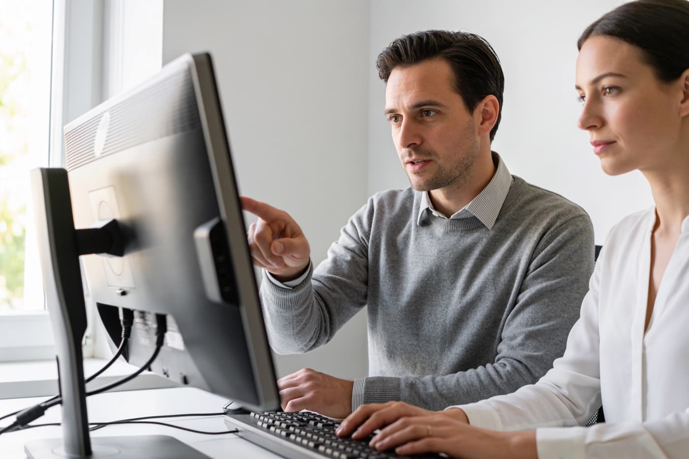 Zwei Kollegen sitzen nebeneinander an einem Schreibtisch und sehen konzentriert auf einen Monitor, der Mann zeigt dabei mit dem Finger auf den Bildschirm