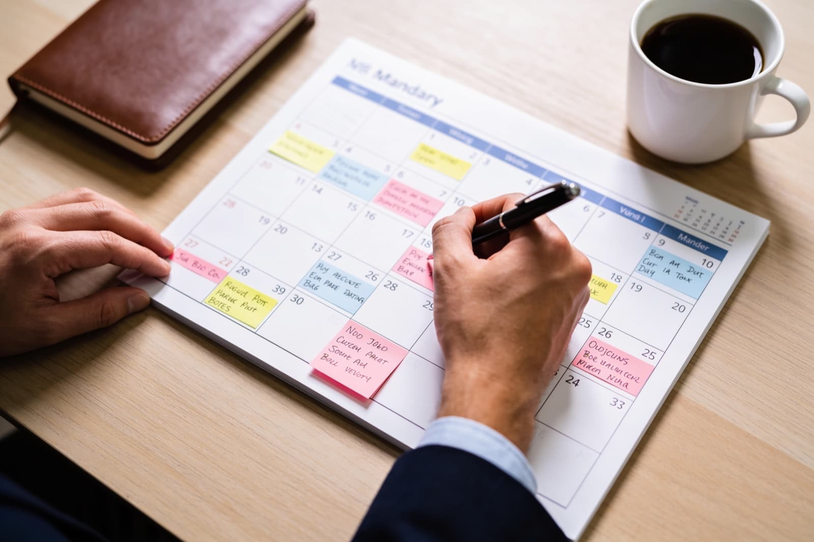 Hand trägt Termine in einen vollen Papier-Monatskalender ein als Sinnbild für planbare, bewusst ausgewählte Erstgespräche